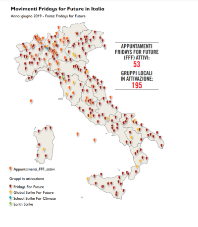 La mappa fotografa i movimenti Fridays for Future attivi nel territorio italiano.